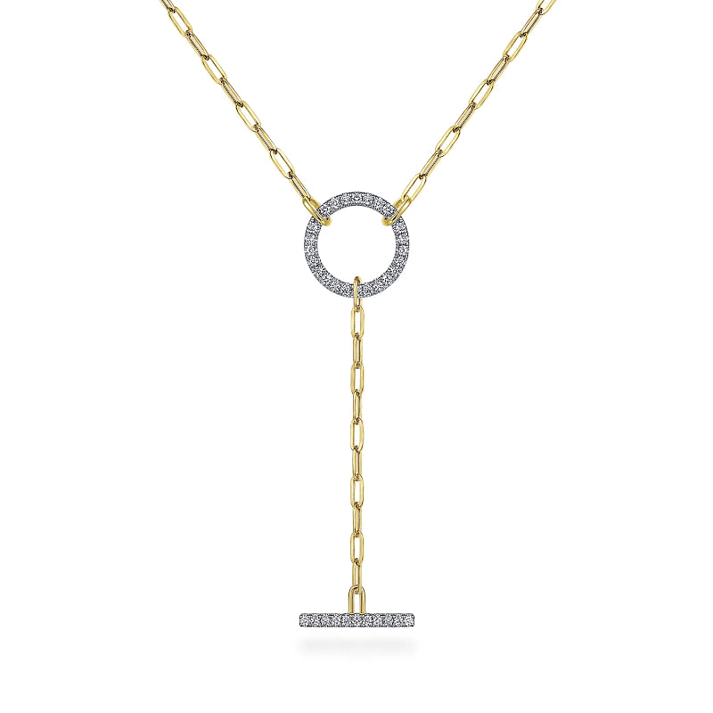 Gabriel & Co | 14K Yellow Gold Diamond Circle and Bar Y-Knot Necklace with Hollow Paperclip Chain