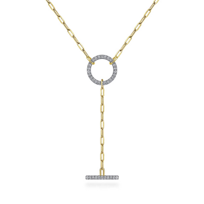 Gabriel & Co | 14K Yellow Gold Diamond Circle and Bar Y-Knot Necklace with Hollow Paperclip Chain