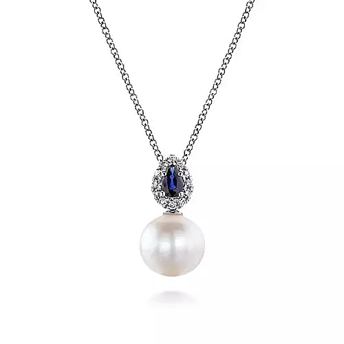 Gabriel & Co | 14K White Gold Pear Shaped Sapphire and Diamond Halo Pendant Necklace with Pearl