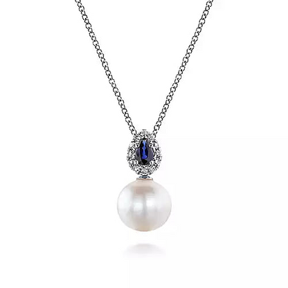 Gabriel & Co | 14K White Gold Pear Shaped Sapphire and Diamond Halo Pendant Necklace with Pearl