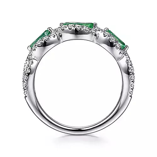 Gabriel & Co | 14K White Gold Twisted Diamond Rows and Emerald Marquise Stones Ring