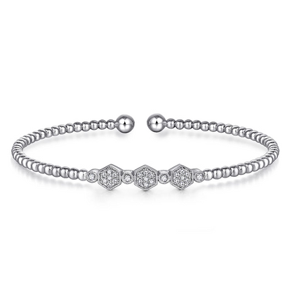 Gabriel & Co | 14K White Gold Bujukan Bead Cuff Bracelet with Cluster Diamond Hexagon Stations