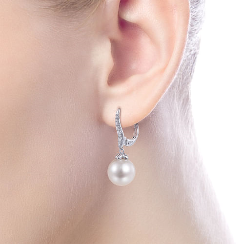 Gabriel & Co | 14K White Gold Pearl and Diamond Leverback Earrings