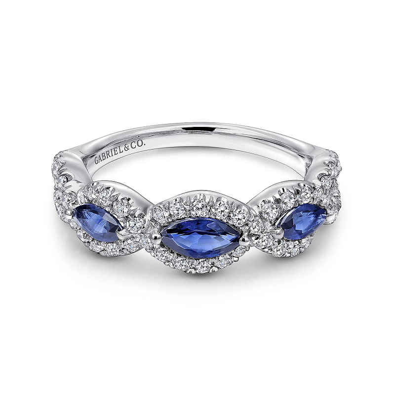 Gabriel & Co | 14K White Gold Twisted Diamond Rows and Sapphire Marquise Stones Ring