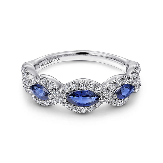 Gabriel & Co | 14K White Gold Twisted Diamond Rows and Sapphire Marquise Stones Ring