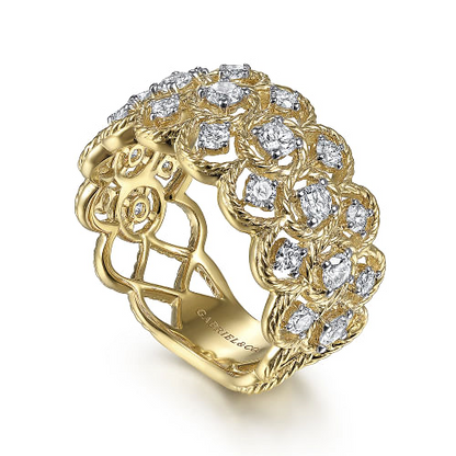 Gabriel & Co | Wide 14K Yellow Gold Twisted Rope Diamond Wide Band Ring