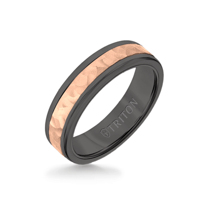 6MM Black Tungsten Carbide Ring - Hammered 14K Rose Gold Insert with Round Edge