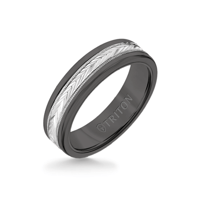 6MM Black Tungsten Carbide Ring - Herringbone 14K White Gold Insert with Round Edge