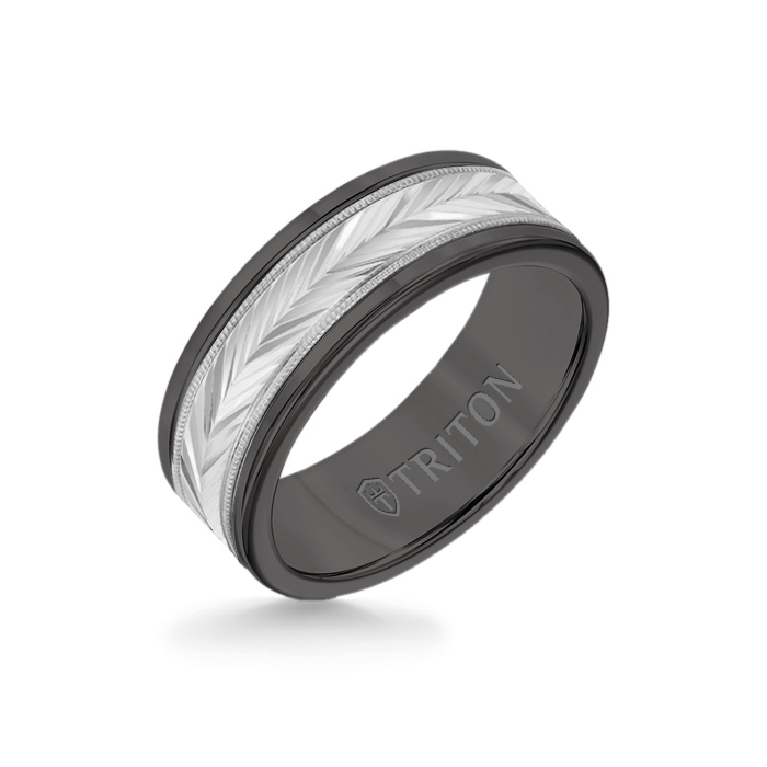 8MM Black Tungsten Carbide Ring - Herringbone 14K White Gold Insert with Round Edge