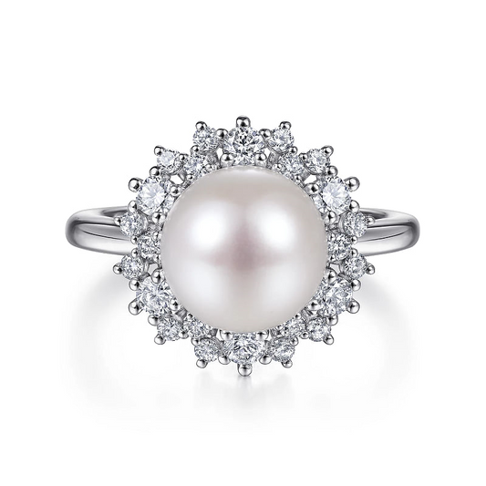 Gabriel & Co | 14K White Gold Round Pearl and Diamond Halo Ring