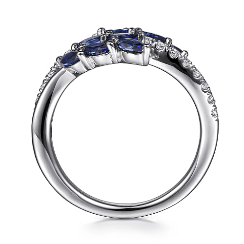 Gabriel & Co | 14K White Gold Diamond and Blue Sapphire Marquise Floral Ring