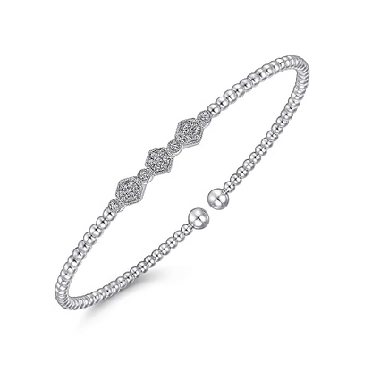 Gabriel & Co | 14K White Gold Bujukan Bead and Hexagon Cluster Diamond Bangle