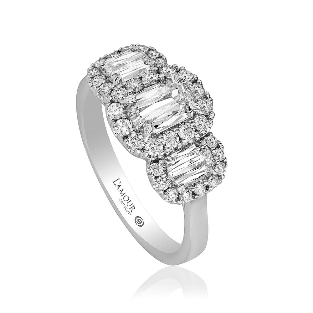 Christopher Designs 14k White Gold L'Amour Crisscut Three-Stone Halo Engagement Ring