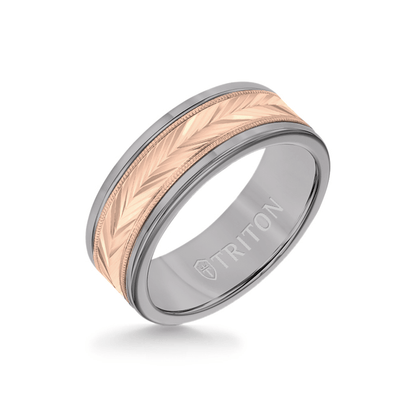 8MM Grey Tungsten Carbide Ring - Herringbone 14K Rose Gold Insert with Round Edge