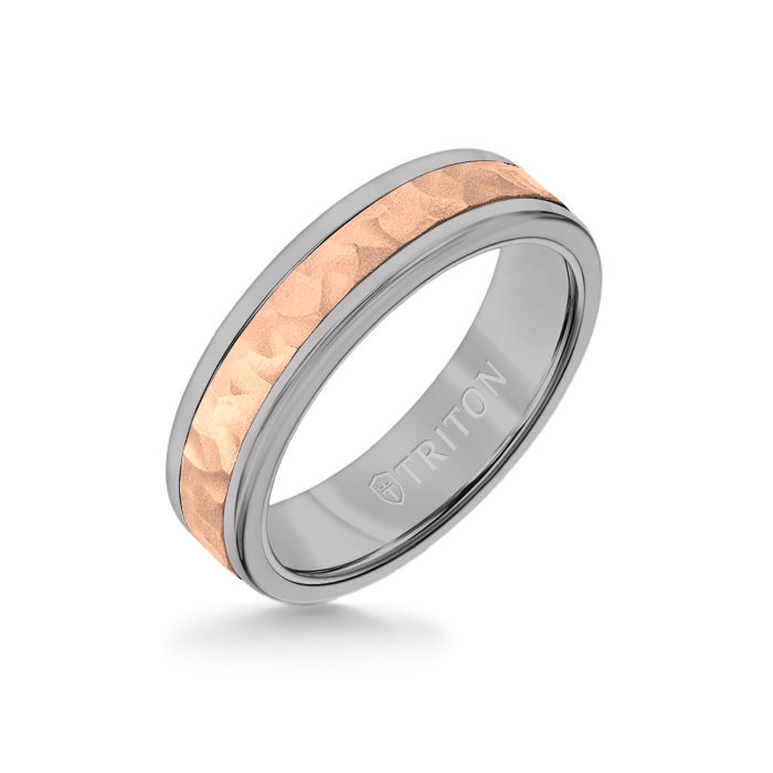 6MM Grey Tungsten Carbide Ring - Hammered 14K Rose Gold Insert with Round Edge