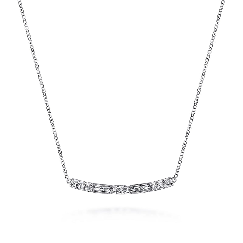 Gabriel & Co | 14K White Gold Round and Baguette Diamond Curved Bar Necklace