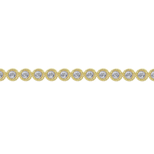 Gabriel & Co | 14K Yellow Gold Bezel Set Diamond Tennis Bracelet with Twisted Rope Frame