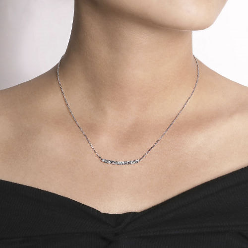 Gabriel & Co | 14K White Gold Round and Baguette Diamond Curved Bar Necklace