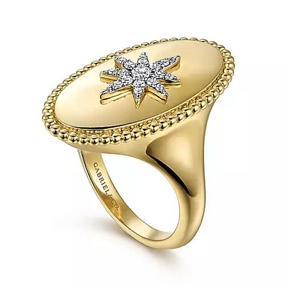 Gabriel & Co | 14K Yellow Gold Bujukan Oval Diamond Starburst Signet Ring