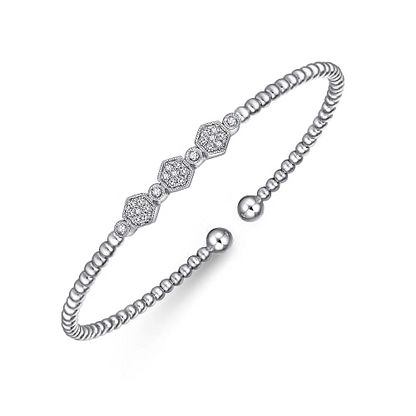 Gabriel & Co | 14K White Gold Bujukan Bead Cuff Bracelet with Cluster Diamond Hexagon Stations