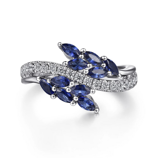 Gabriel & Co | 14K White Gold Diamond and Blue Sapphire Marquise Floral Ring