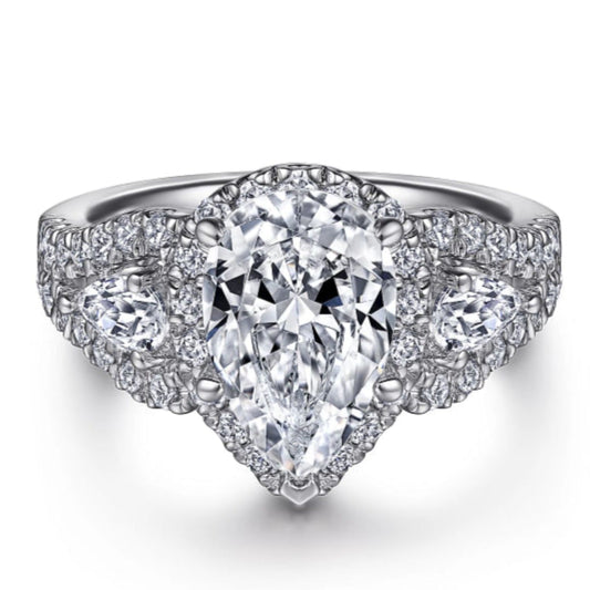 Gabriel & Co. Pear Cut Three Stone Halo Diamond Engagement Ring