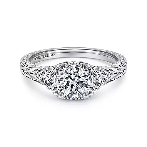 Gabriel & Co. Tallulah Three Stone Milgrain Halo Diamond Engagement Ring