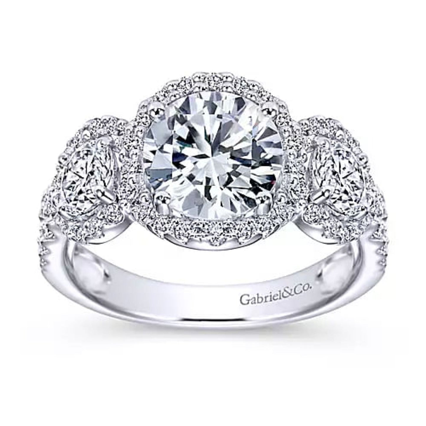 Gabriel & Co. Three Stone Halo Diamond Engagement Ring