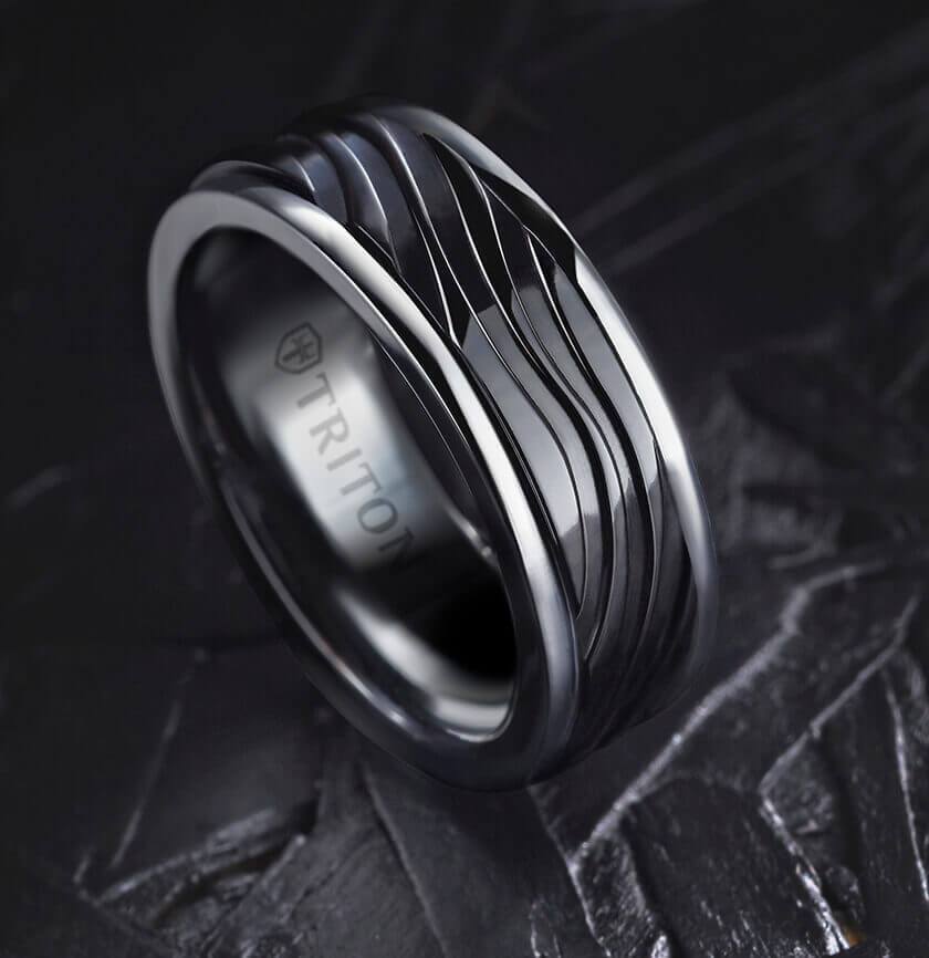 8MM Black Tungsten Carbide Ring - Wave Black Titanium Insert with Round Edge