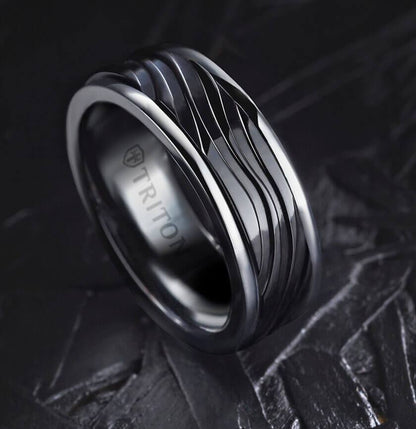 8MM Black Tungsten Carbide Ring - Wave Black Titanium Insert with Round Edge