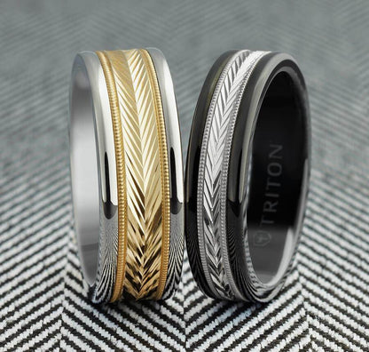 6MM Black Tungsten Carbide Ring - Herringbone 14K Rose Gold Insert with Round Edge