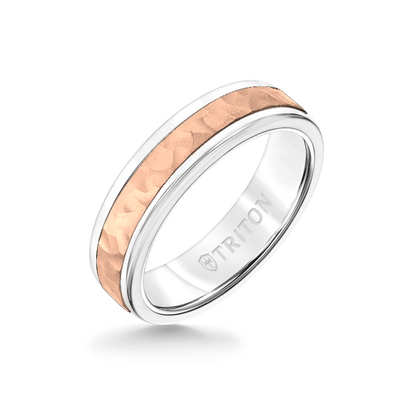 6MM White Tungsten Carbide Ring - Hammered 14K Rose Gold Insert with Round Edge